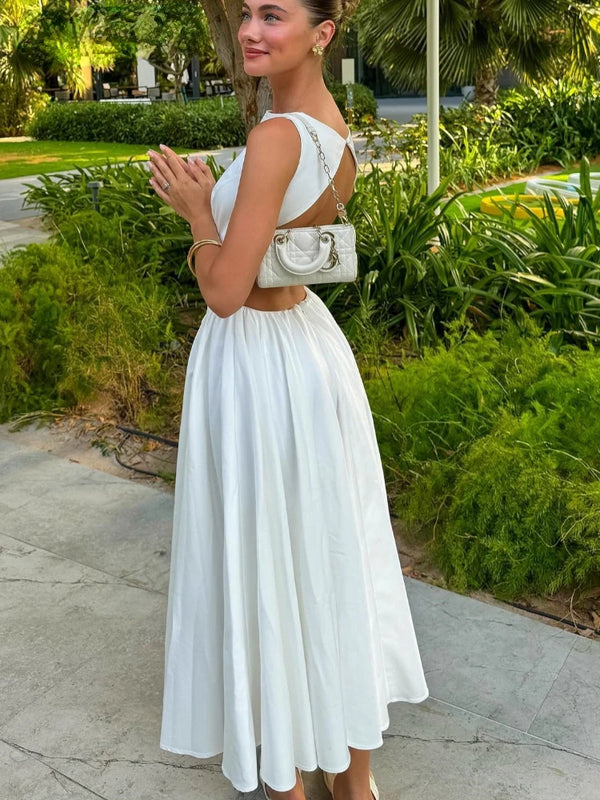 Elegant White Backless Long Dress Women Fashion Slim O Neck Sleeveless Vestidos Summer Party Robes
